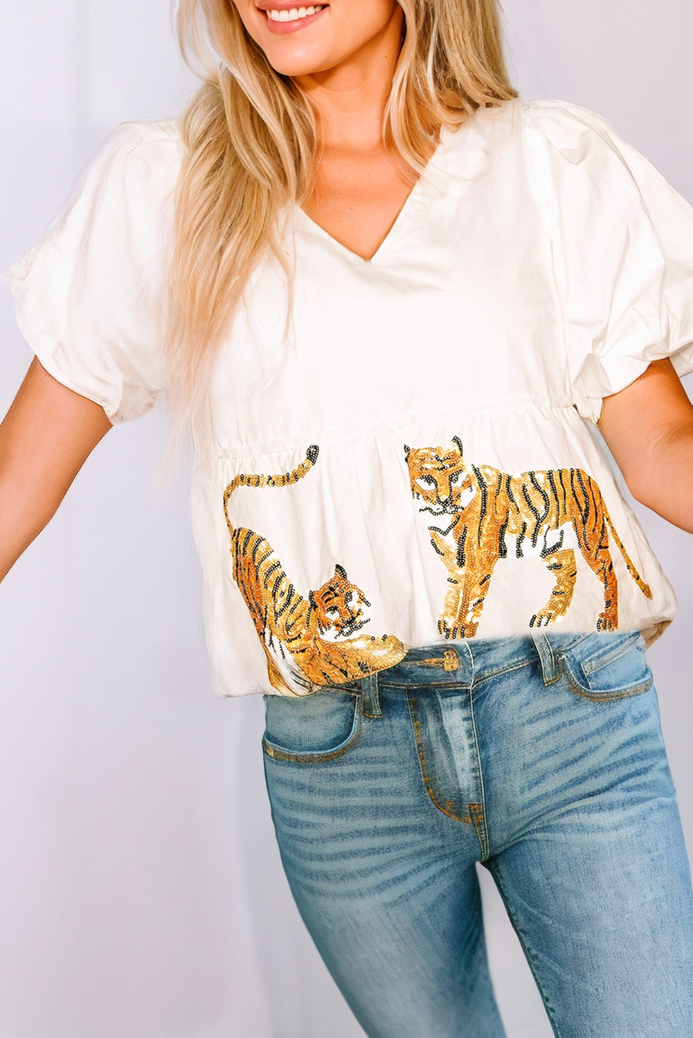 White Sequins Tiger V-Neck Lantern Sleeve Blouse