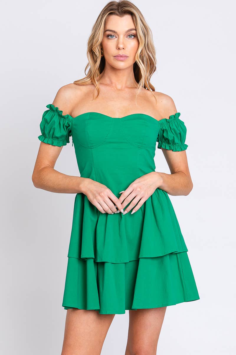 OFF SHOULDER DOUBLE SKIRT DRESS