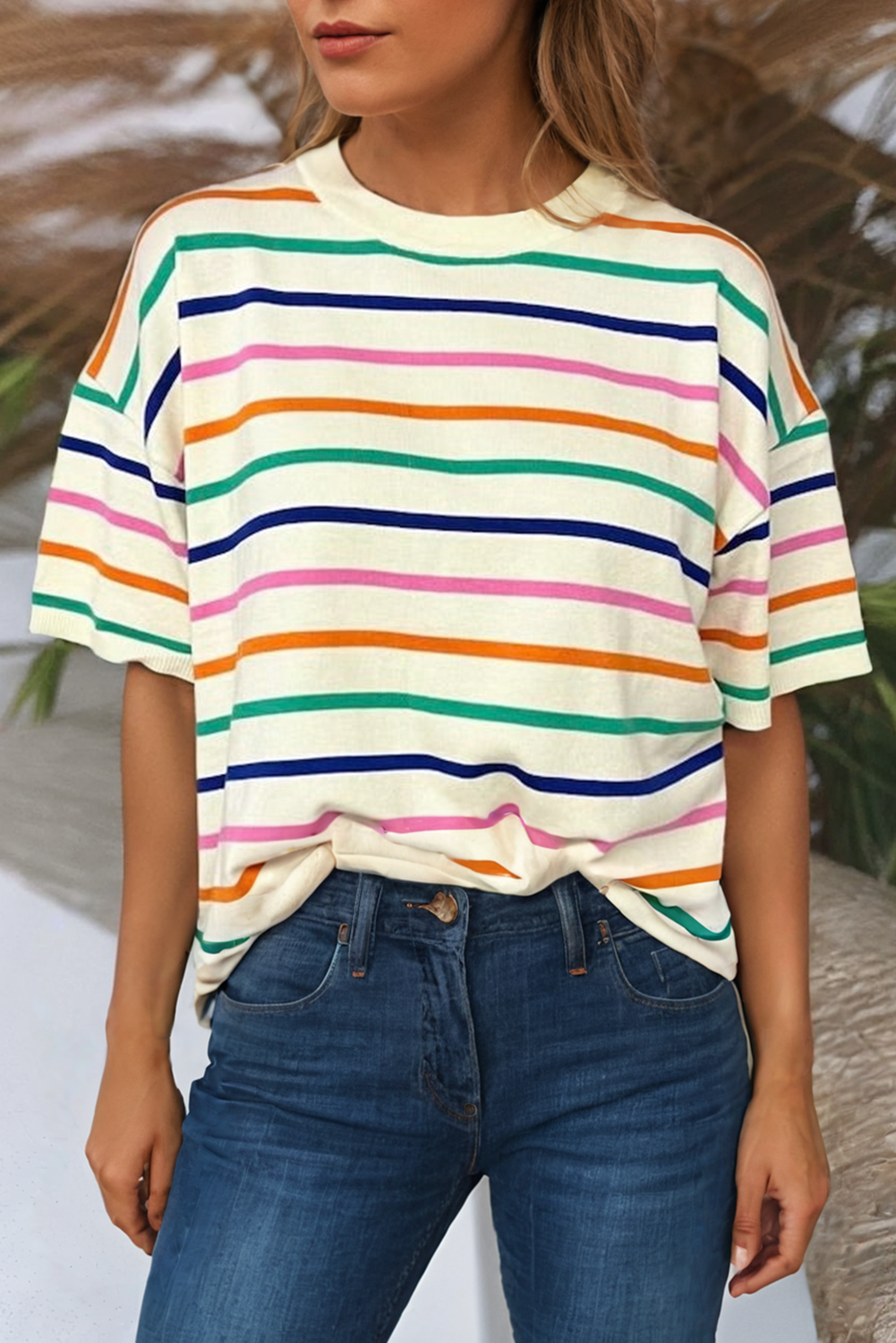 Stripe Dropped Short Sleeve Boxy Fit Knit Top