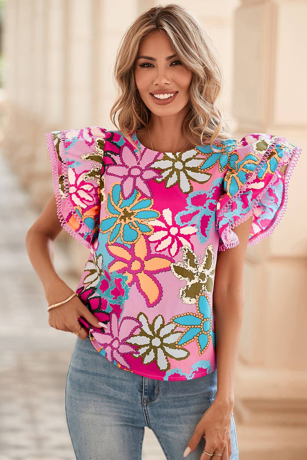 Multicolor Vibrant Floral Print Trimmed Ruffle Sleeve Blouse