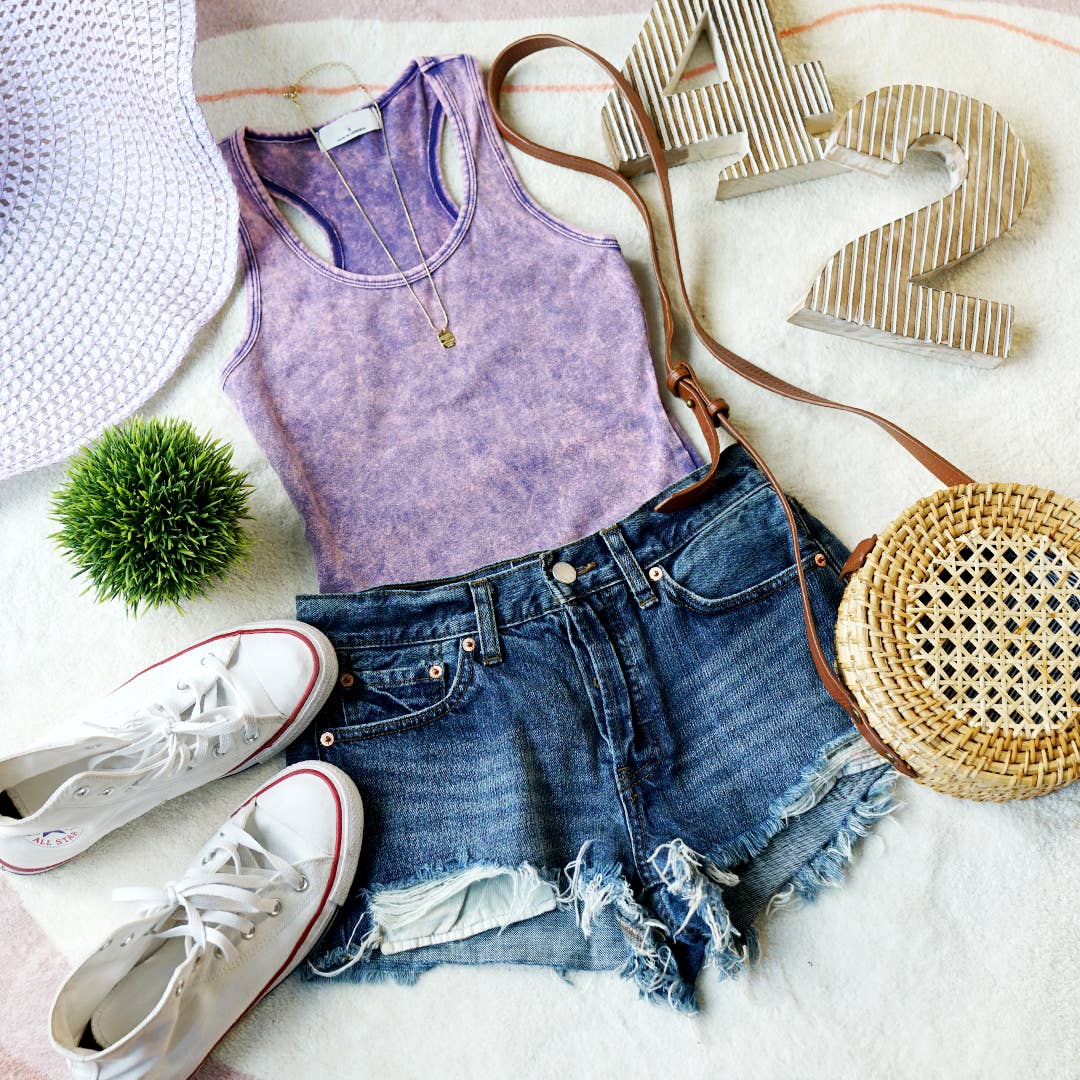 PURPLE ACID WASH RACERBACK TANK BODYSUIT