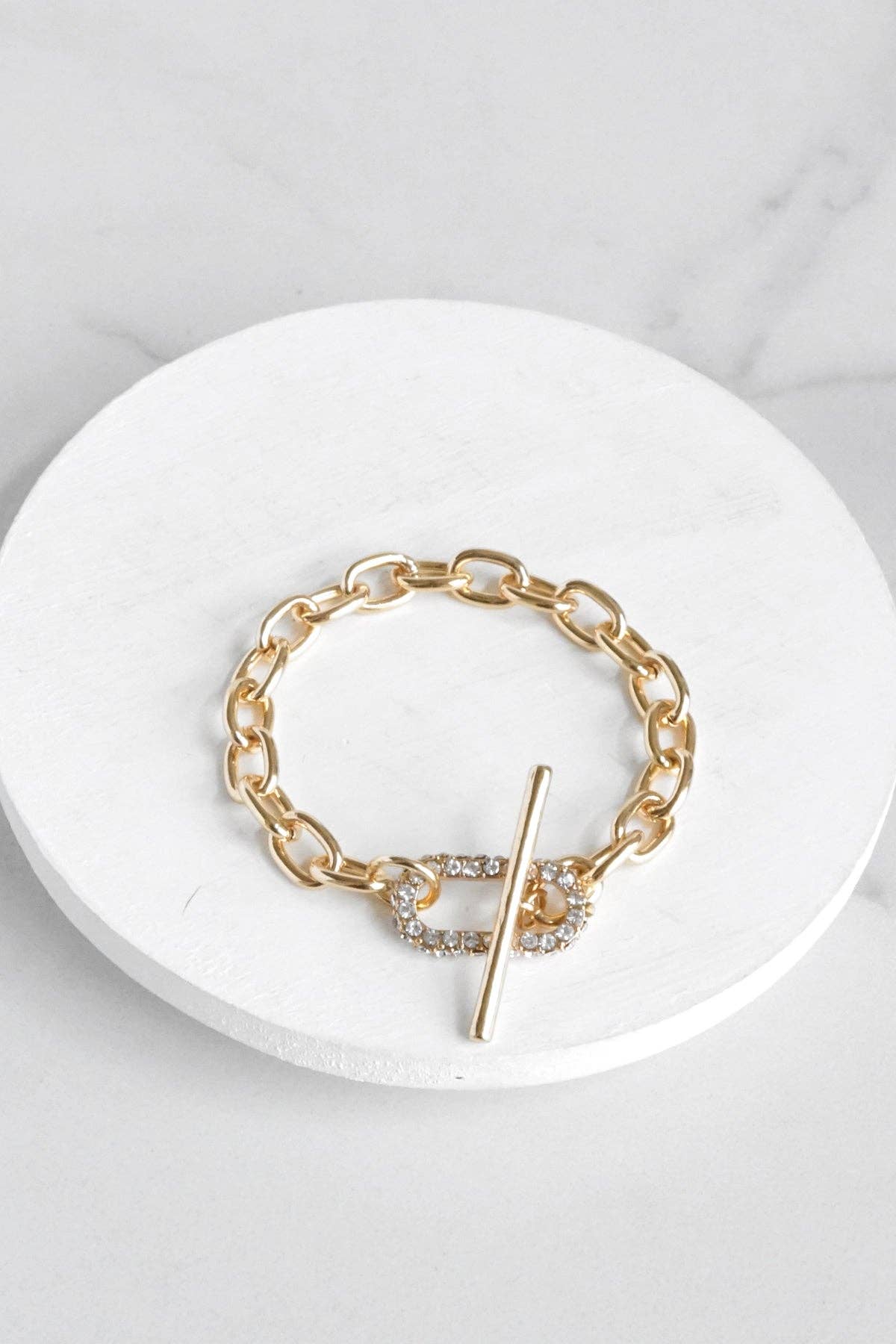 Gold Tone Chain Bracelet with pave toggle clasp