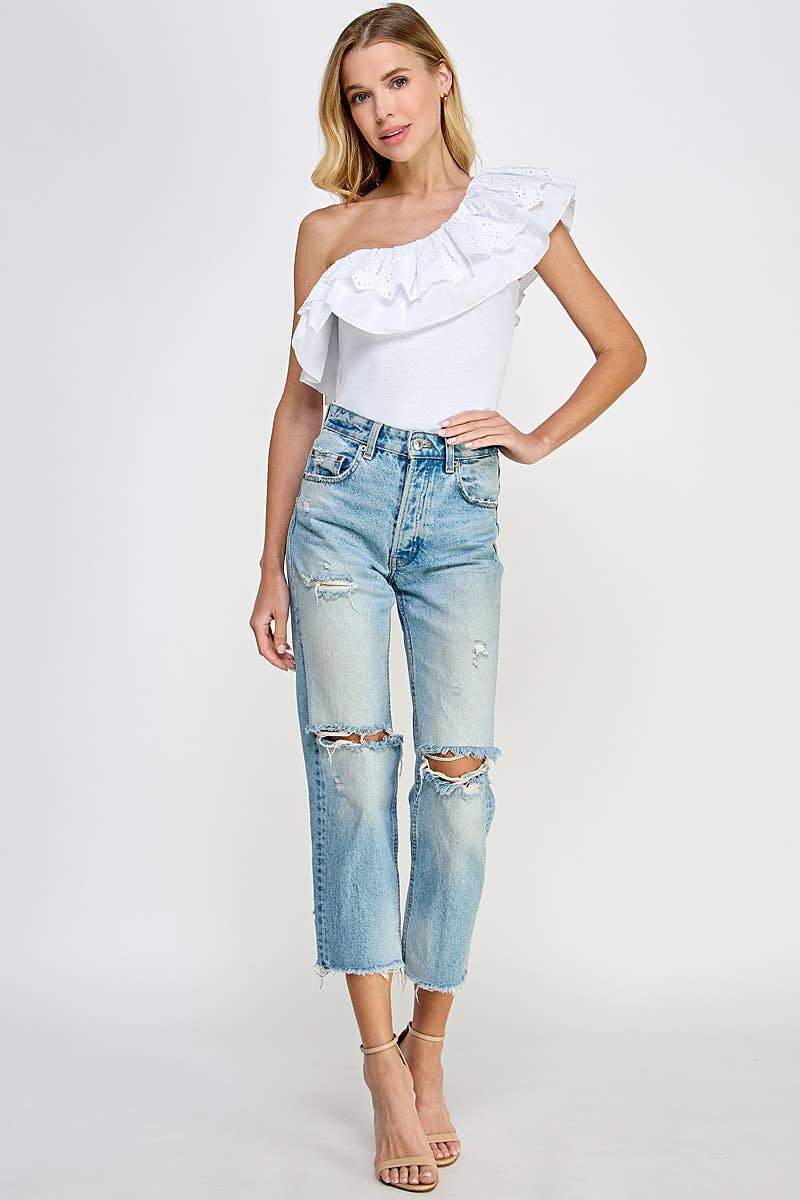 ONE SHOULDER EYELET RUFFLE BODYSUIT