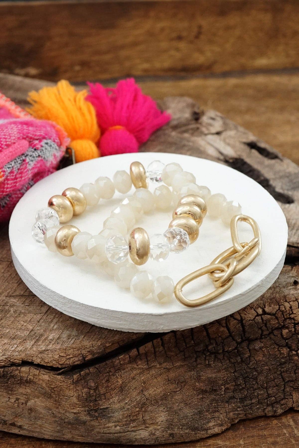 Chunky Beaded Bracelets Set in White with a Chain