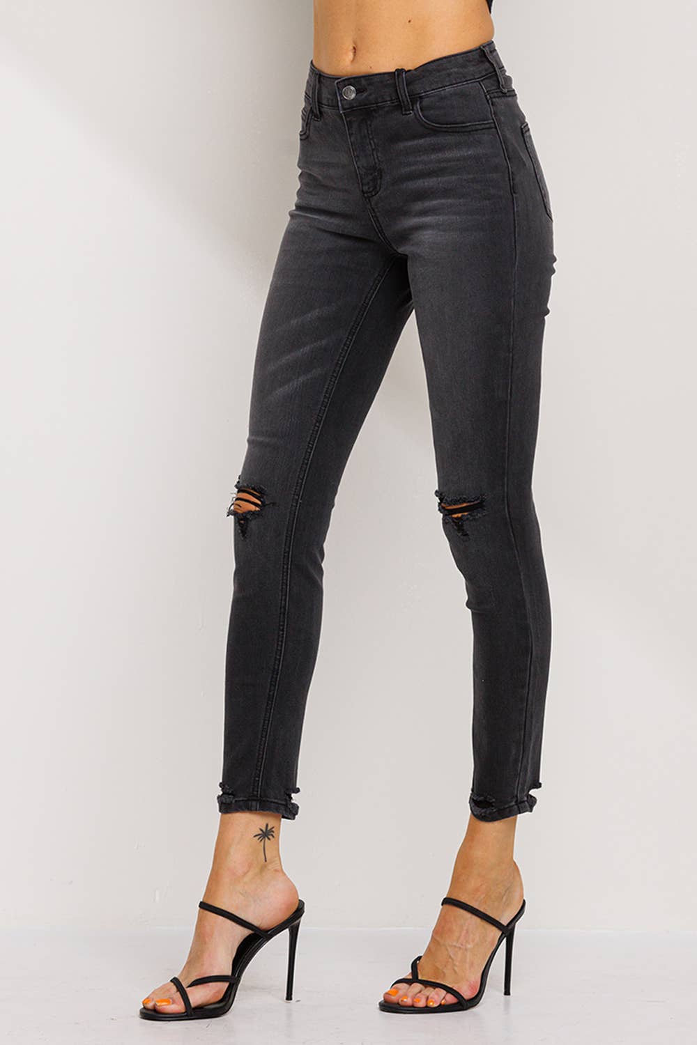 Mid Rise Knee Slit Skinny