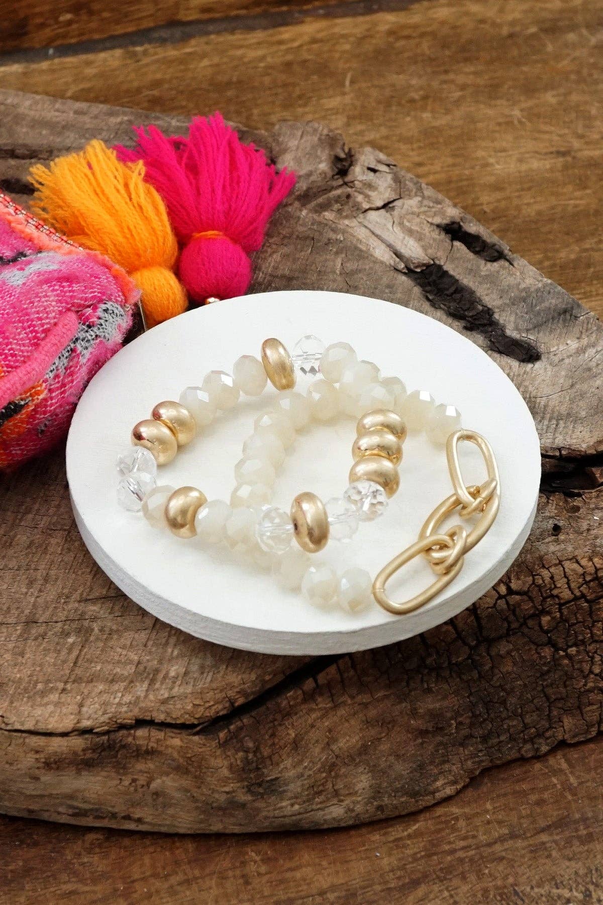 Chunky Beaded Bracelets Set in White with a Chain