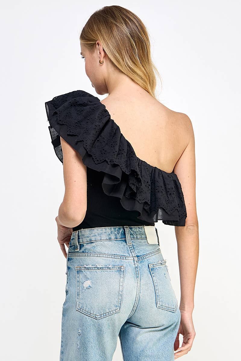 ONE SHOULDER EYELET RUFFLE BODYSUIT