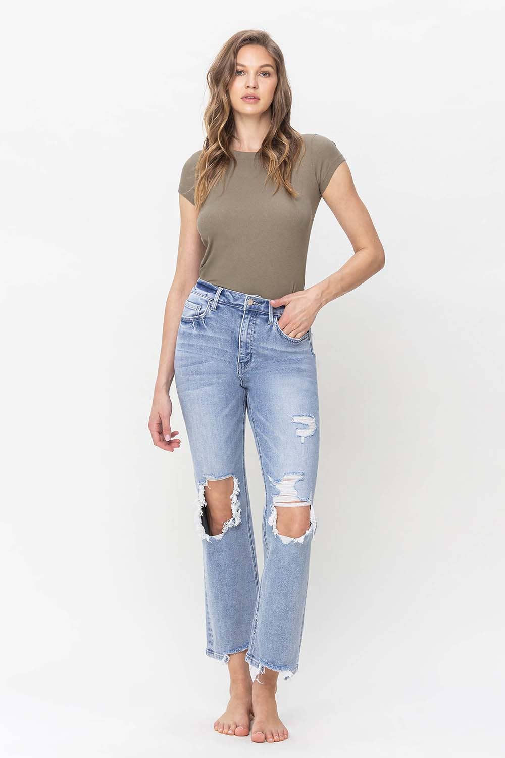 90'S SUPER HIGH RISE DISTRESSED STRAIGHT JEANS T5933