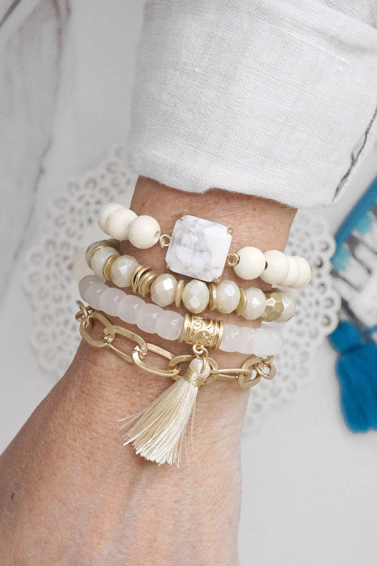 Boho Beads Tassel Bracelets Set with Semi Precious Stone White