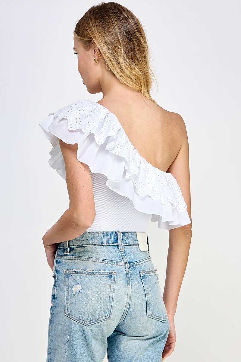 ONE SHOULDER EYELET RUFFLE BODYSUIT