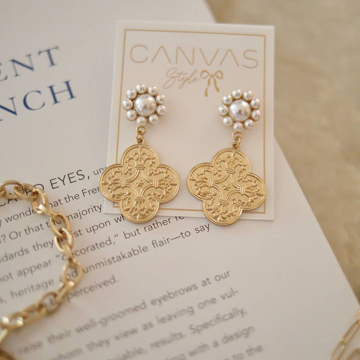 French Quatrefoil Pearl Drop Earrings in Worn Gold