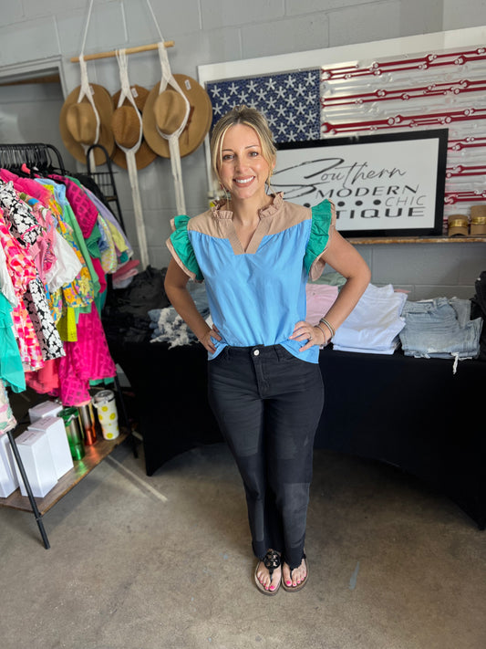 Blue Color Block Blouse with Green and Tan Sleeves