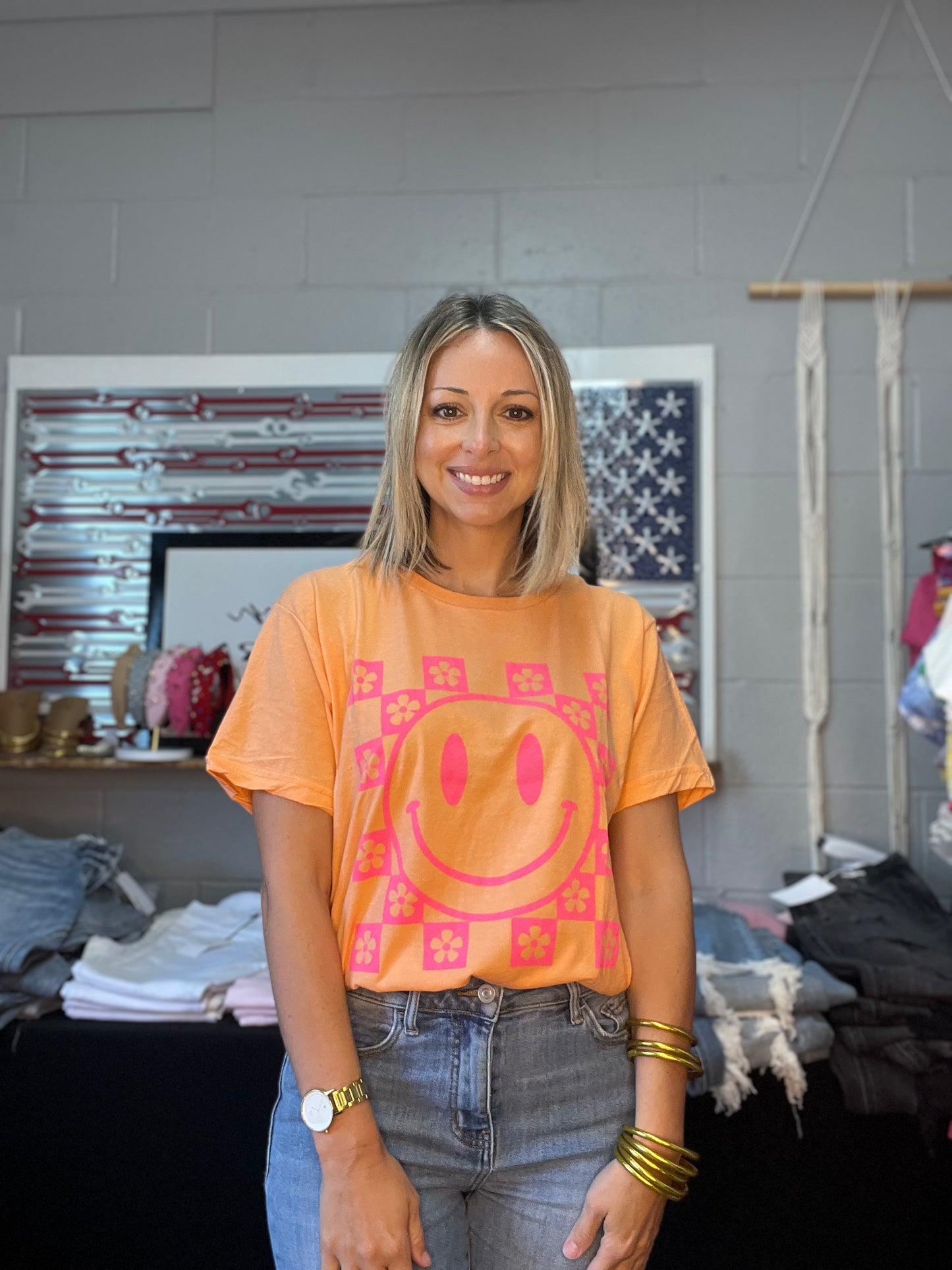 Orange Smiley Checkered Shirt