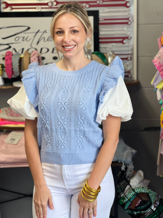 Baby Blue Puff Sleeve Sweater Top