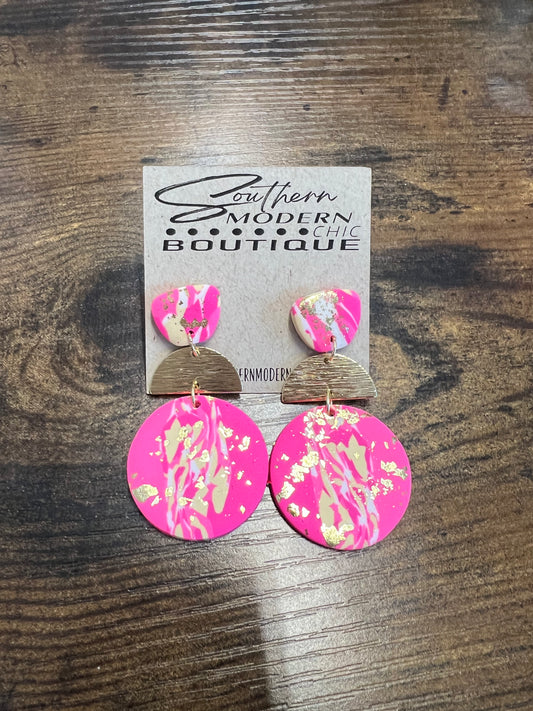 Hot Pink and Gold Dangle Earrings