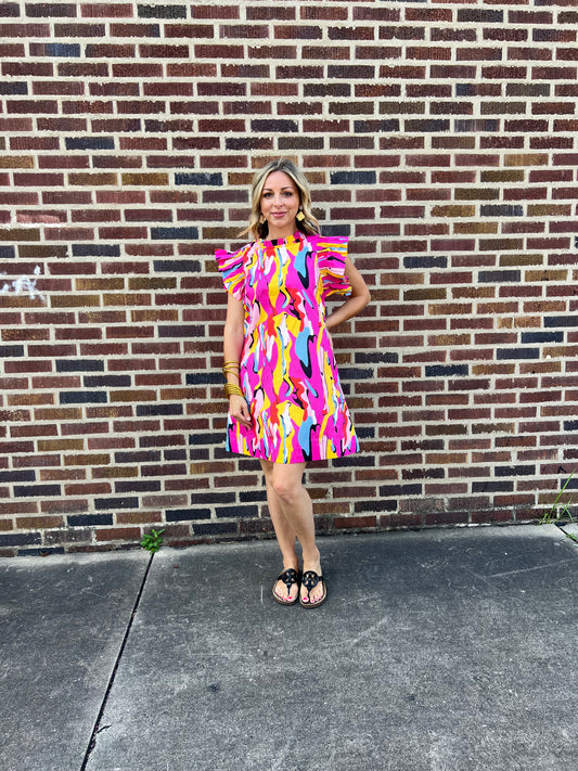 Abstract Print Dress with Pockets