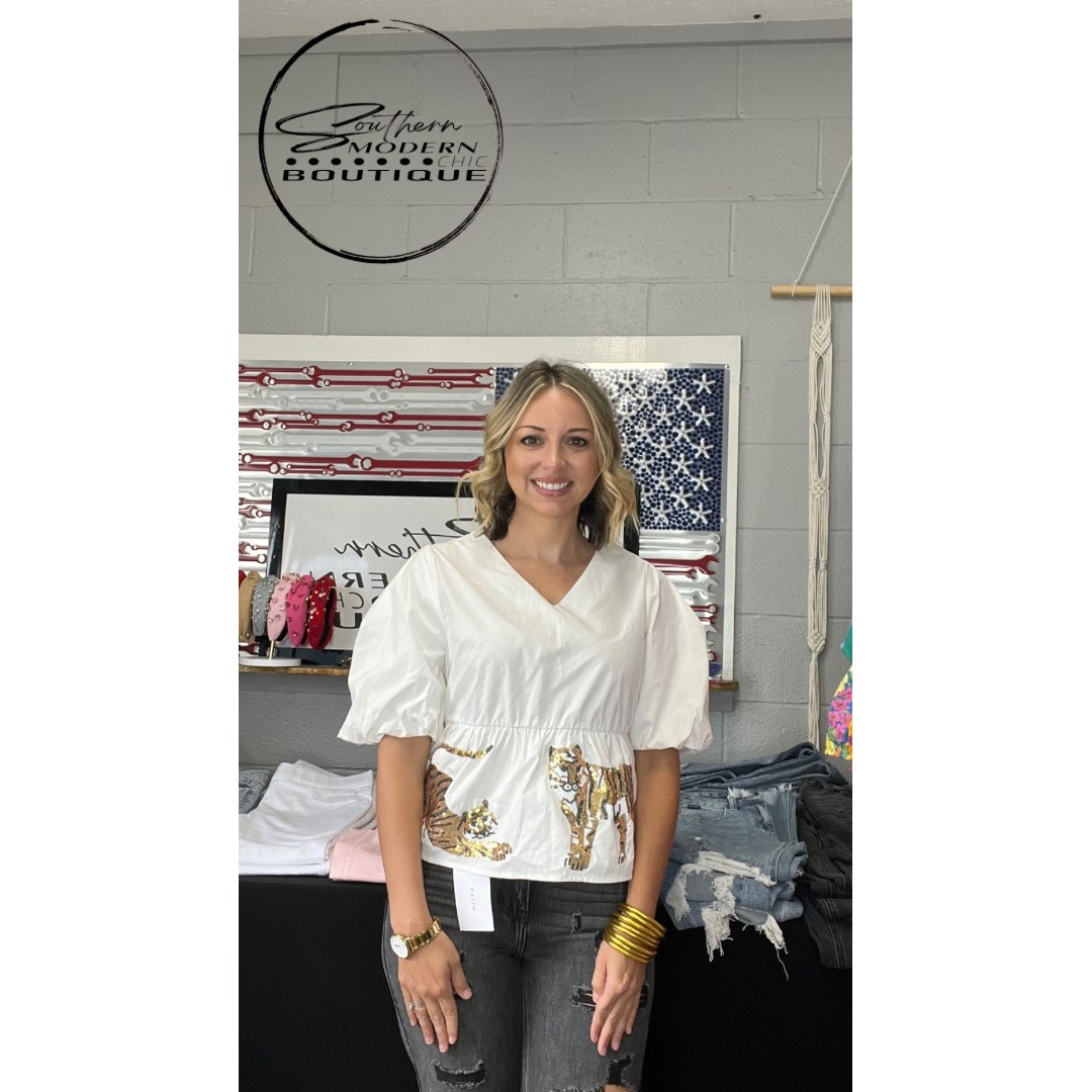 White Sequins Tiger V-Neck Lantern Sleeve Blouse