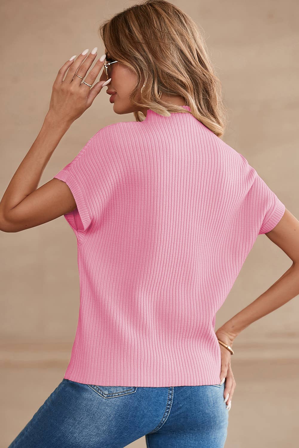 Pink Patch Pocket Ribbed Knit Short Sleeve Sweater