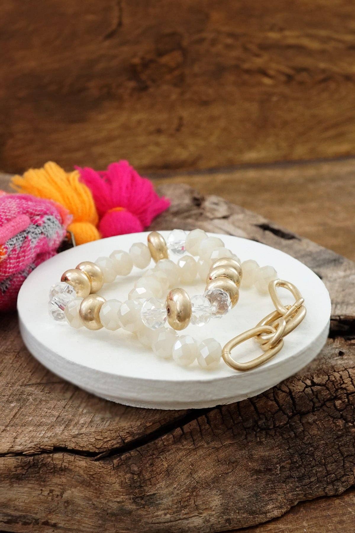 Chunky Beaded Bracelets Set in White with a Chain