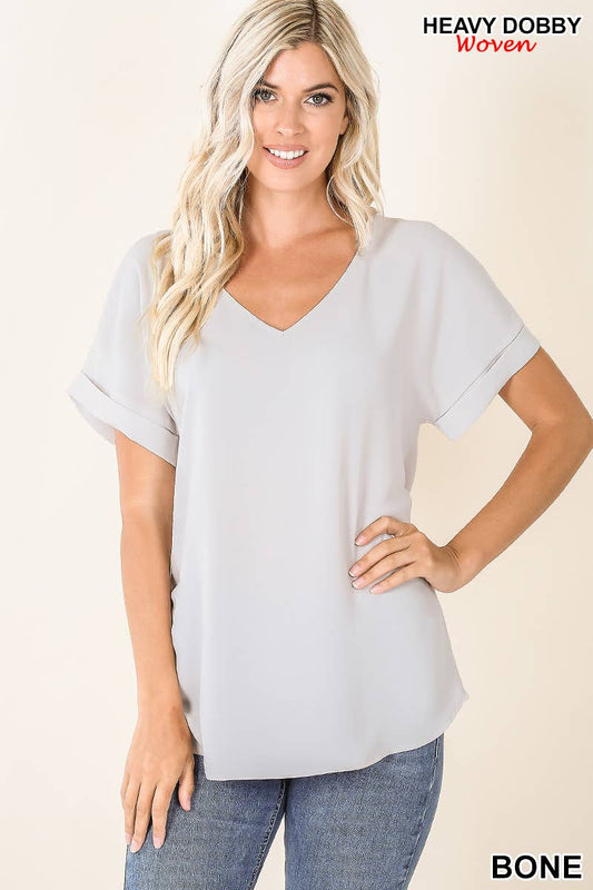 WOVEN DOBBY ROLLED SLEEVE V-NECK TOP