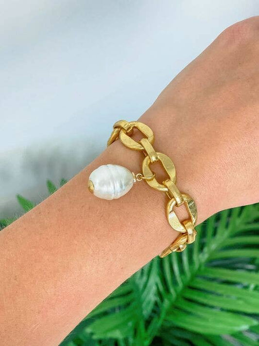 Freshwater Pearl Bold Link Bracelet - Gold