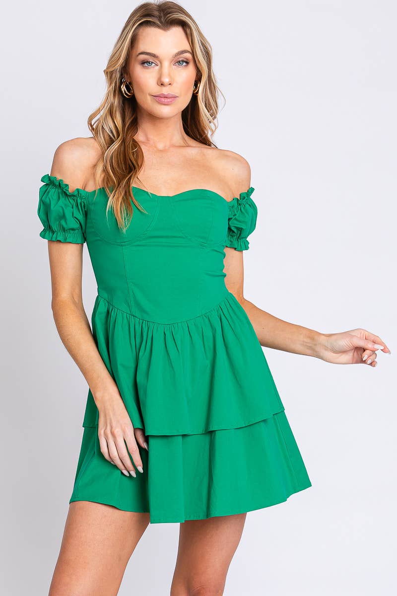 OFF SHOULDER DOUBLE SKIRT DRESS