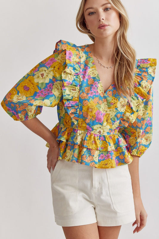 Orchid Blue Floral Print Blouse