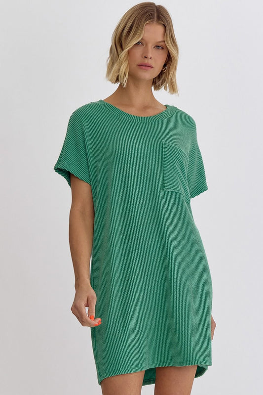 Kelly Green Ribbed Pocket Dress