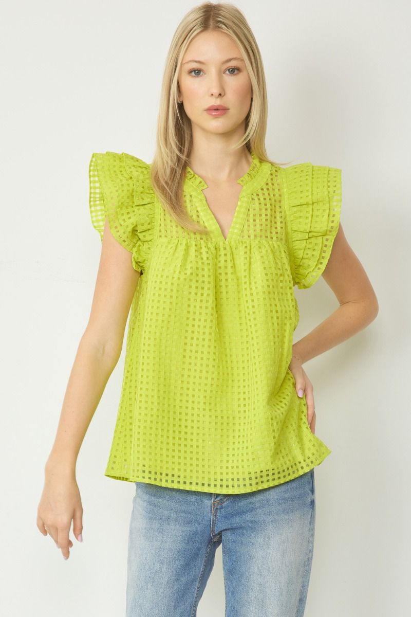 Chartreuse Flutter Sleeve Grid Print