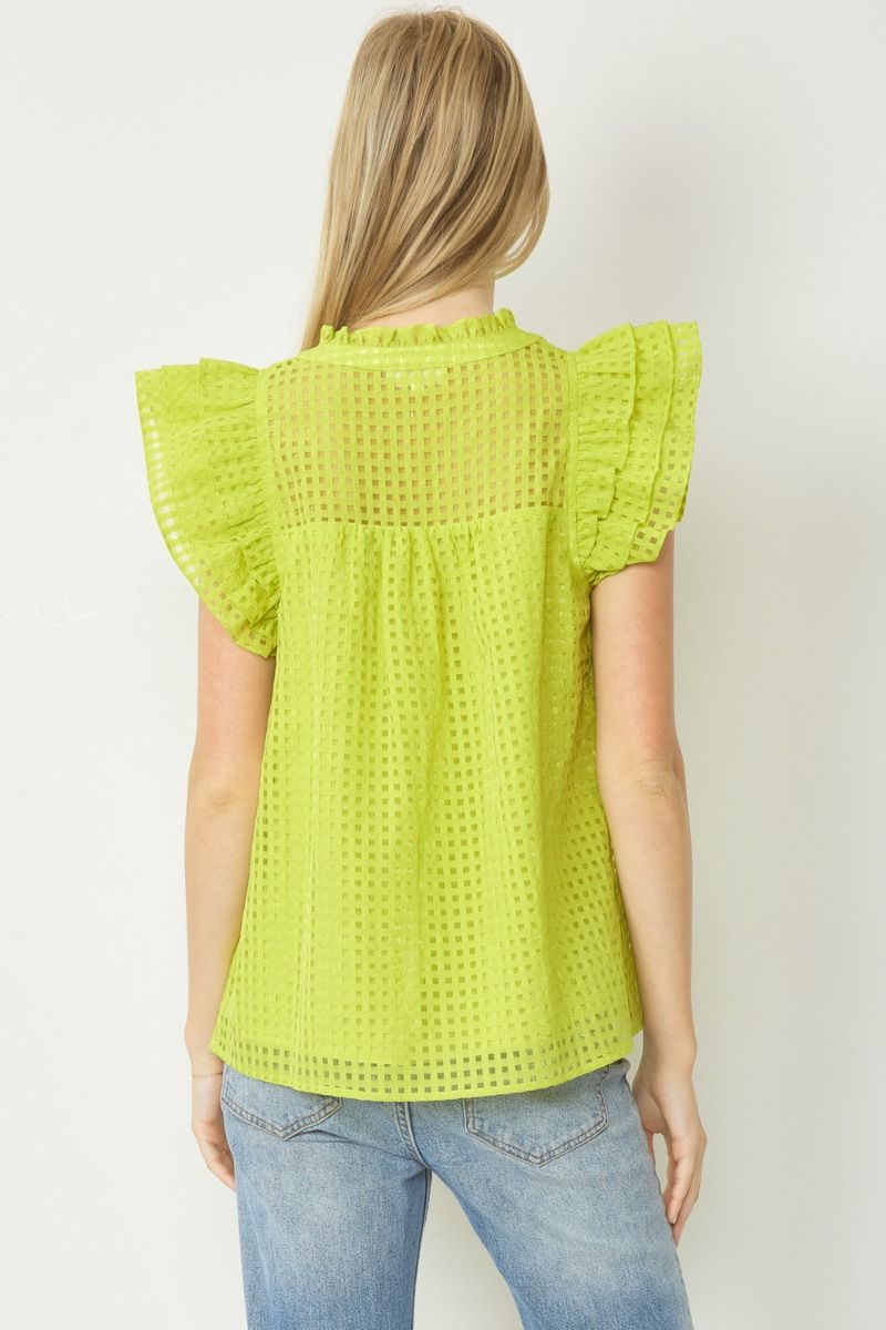 Chartreuse Flutter Sleeve Grid Print