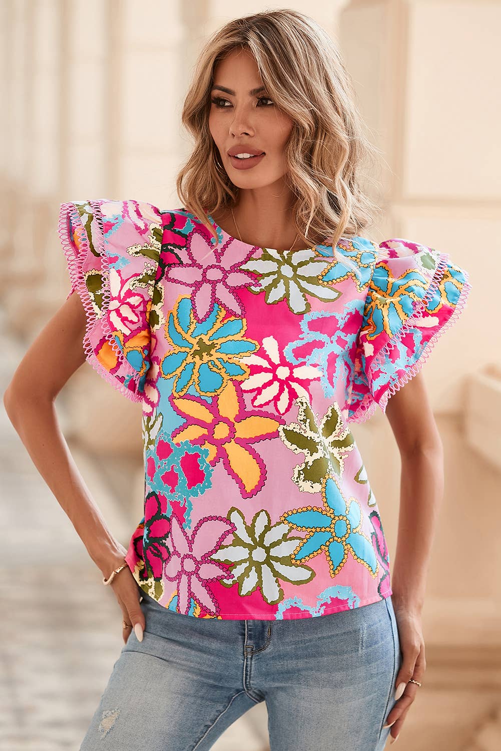 Multicolor Vibrant Floral Print Trimmed Ruffle Sleeve Blouse