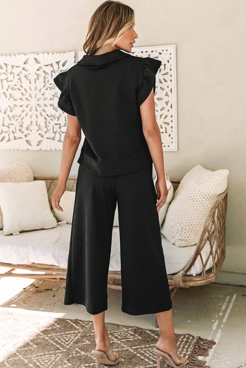 Black Flutter Sleeve Top Wide Leg Pants Set