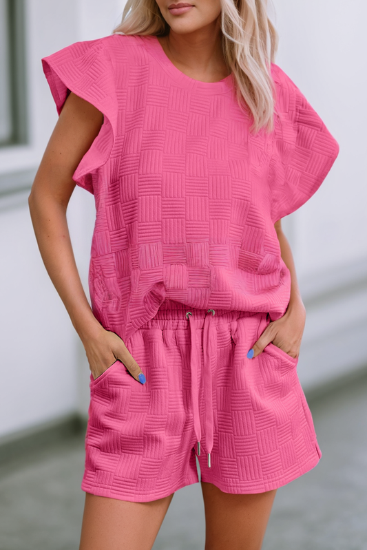 Pink Ruffled Sleeve Tee and Drawstring Shorts Set