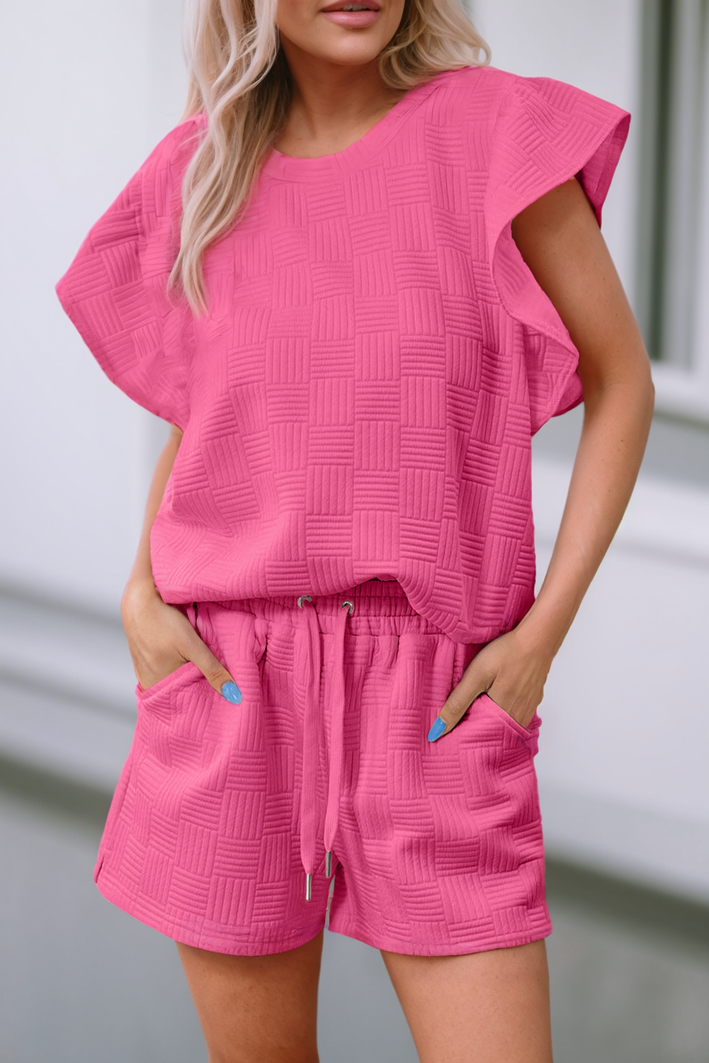 Pink Ruffled Sleeve Tee and Drawstring Shorts Set