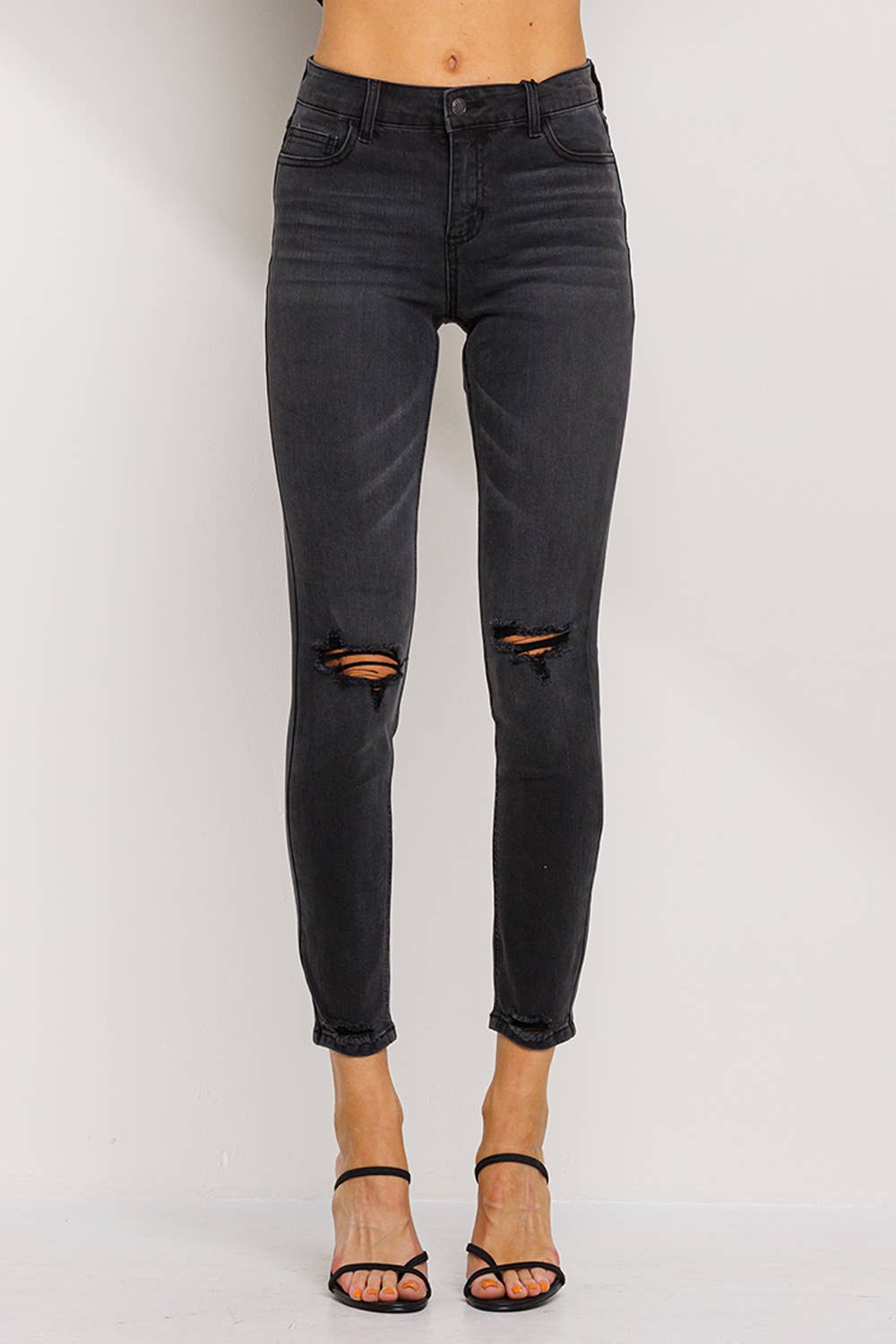 Mid Rise Knee Slit Skinny