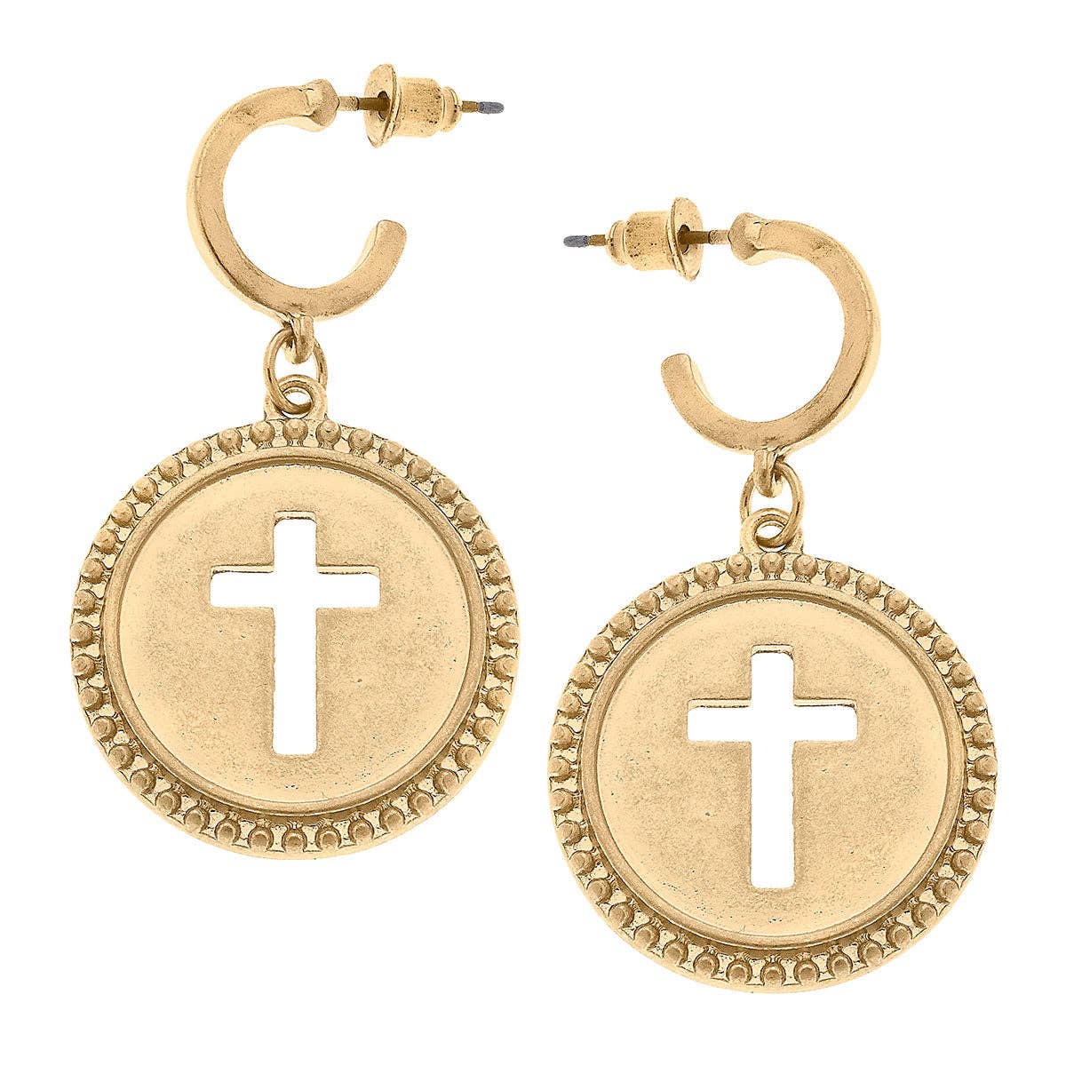 Coin Cross Drop Hoop Earrings in Worn Gold