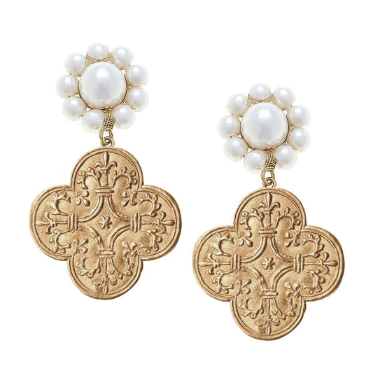 French Quatrefoil Pearl Drop Earrings in Worn Gold