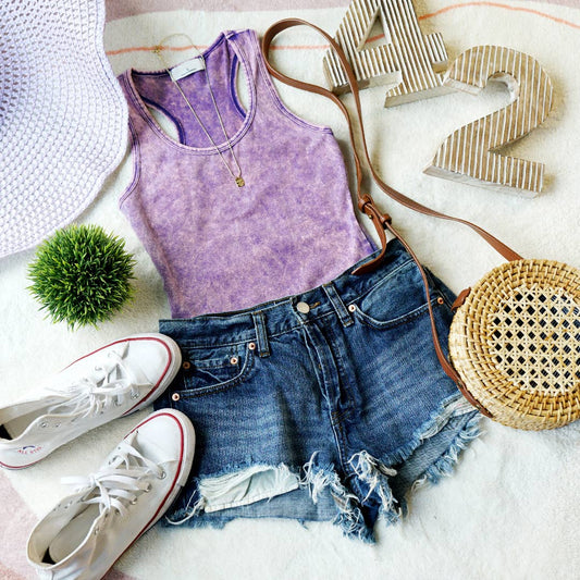 PURPLE ACID WASH RACERBACK TANK BODYSUIT