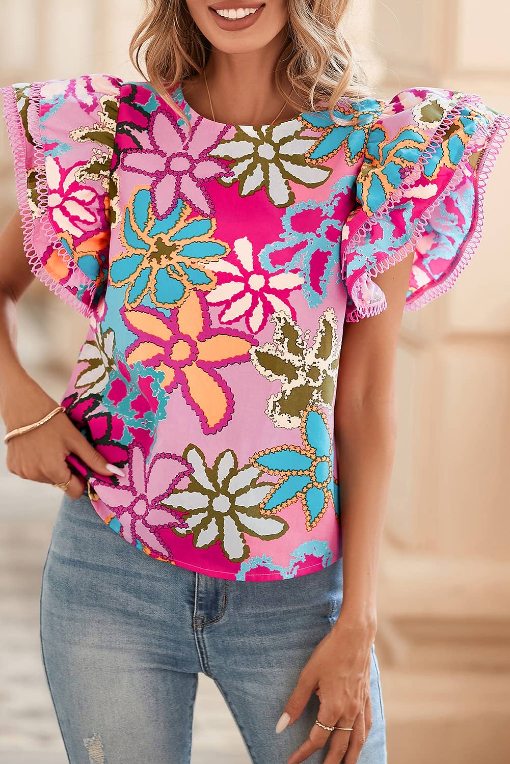 Multicolor Vibrant Floral Print Trimmed Ruffle Sleeve Blouse