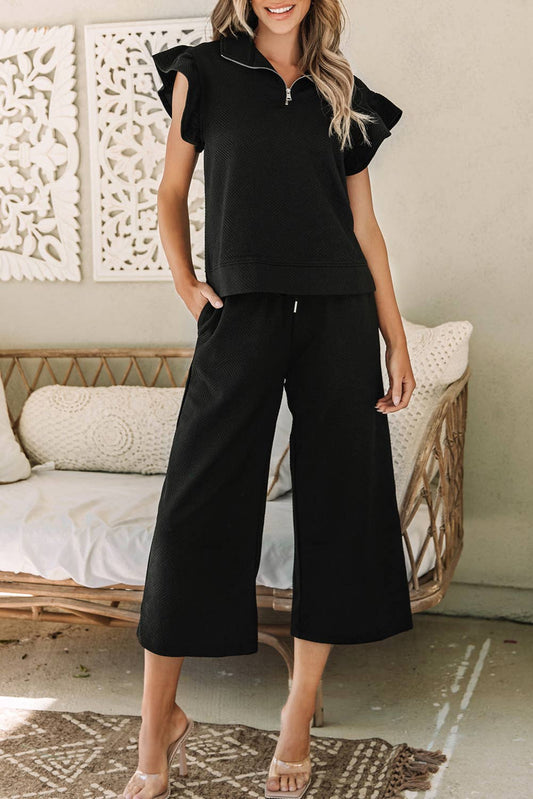 Black Flutter Sleeve Top Wide Leg Pants Set