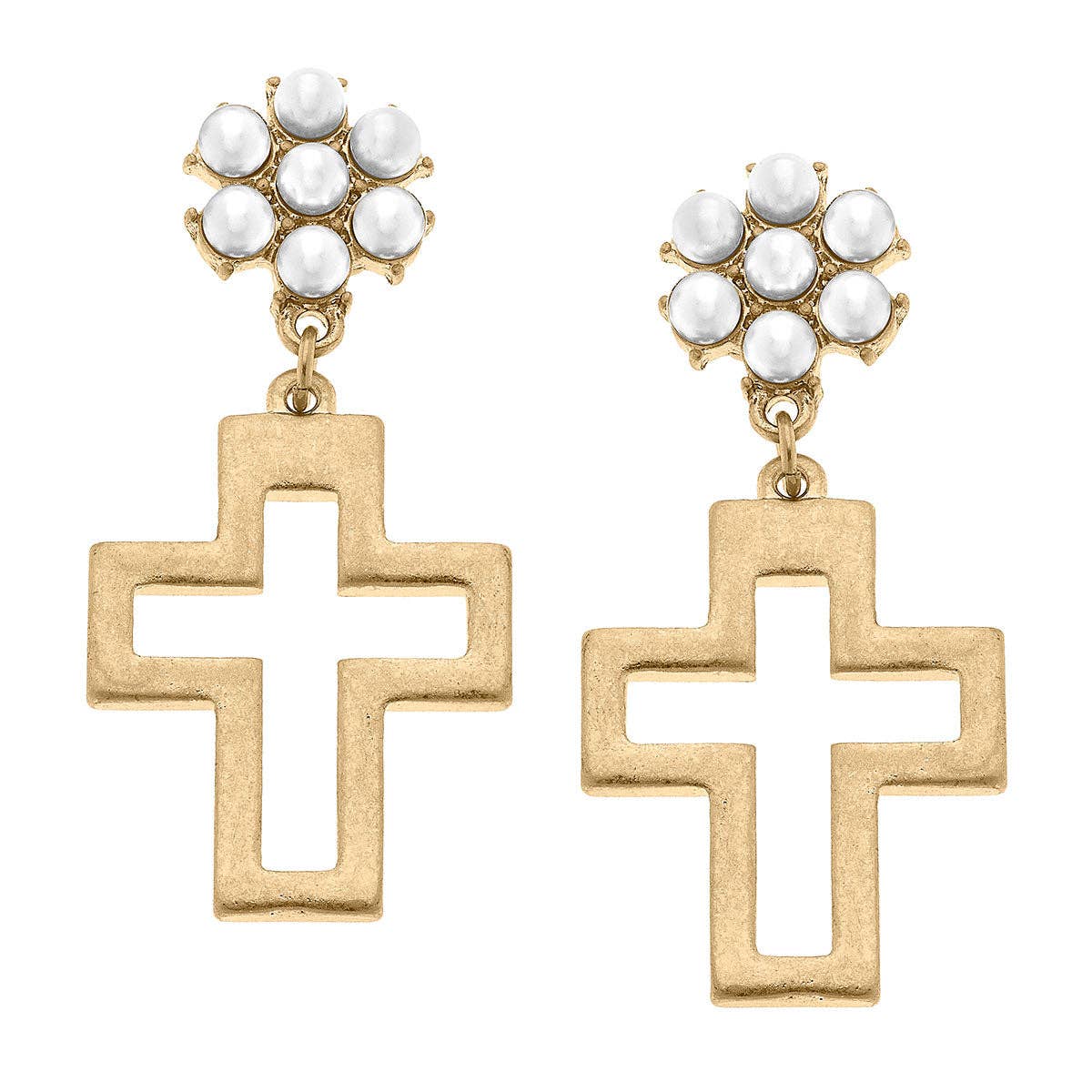 Cross Pearl Cluster Drop Earrings in Worn Gold